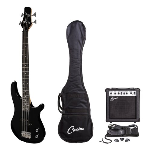 Casino '24 Series' Short Scale Tune-Style Electric Bass Guitar and 15 Watt Amplifier Pack (Black)